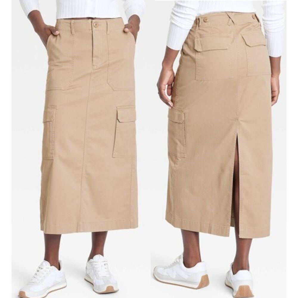 NWT Universal Thread High Rise Cargo Midi Skirt Tan Khaki y2k Women's Size US 8 - Picture 1 of 9